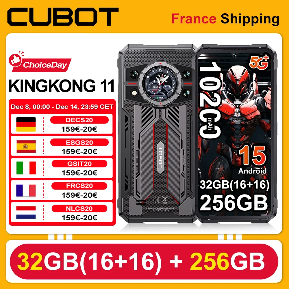 Cubot KingKong 11 Smartphone 5G 10200mAh 33W 32GB(16+16)+256GB 108MP+32MP+24MP+8MP 6.72'' FHD+ IPS T�l�phone mobile NFC/GPS Android 15