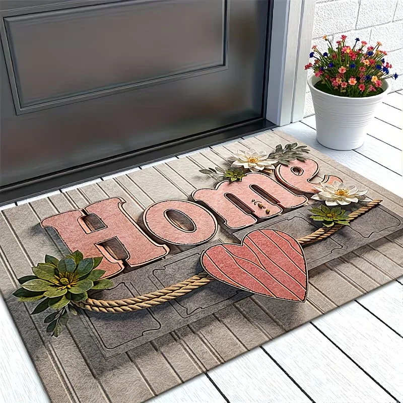 3D Pink Home Welcome Mat - Floral Heart Printed Area Rug - Unique Decorative Indoor Floor Carpet - Ideal Housewarming Gift