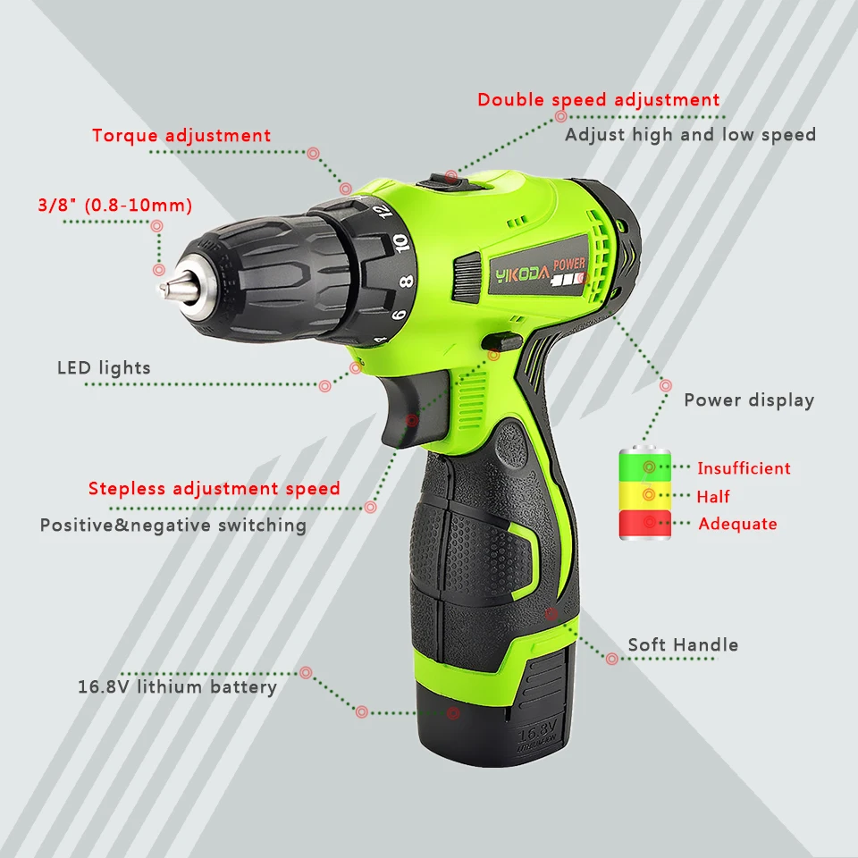 YIKODA 12V 16.8V 21V Cordless Drill Electric Screwdriver Rechargeable Lithium-Ion Battery Two-Speed DIY Driver Power Tools