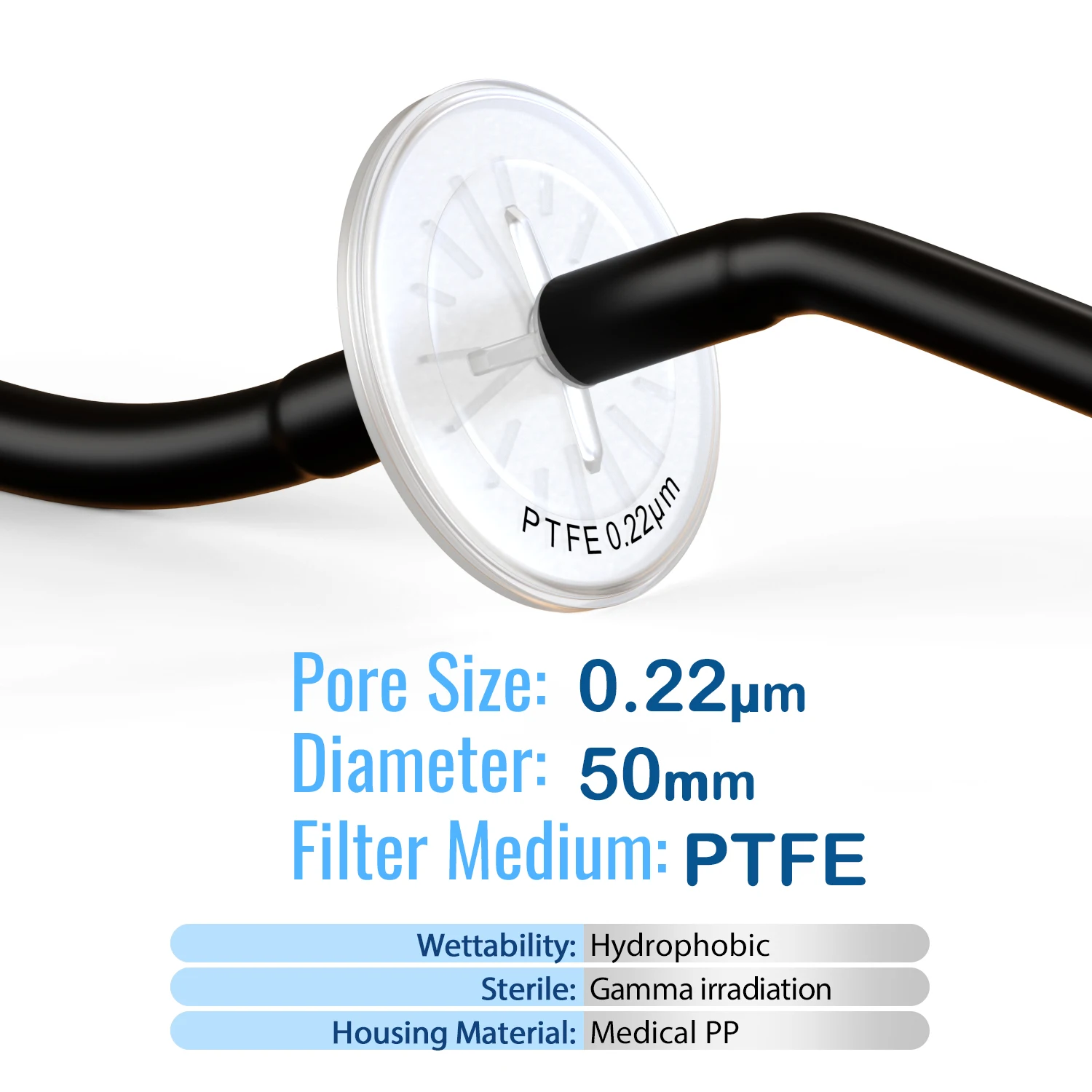 Sterile PTFE Hydrophobic Filter Disc 50mm 0.22μm Air Venting with 9mm-13mm Stepped Hose and Barb Female Luer for Air Filter