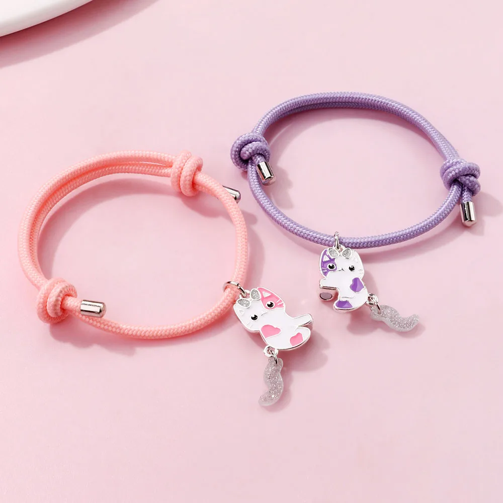 Luoluo&baby 2Pcs/set Cartoon Magnet Cats Alloy Best Friend Bracelet BFF Friendship Jewelry Gifts for Kids