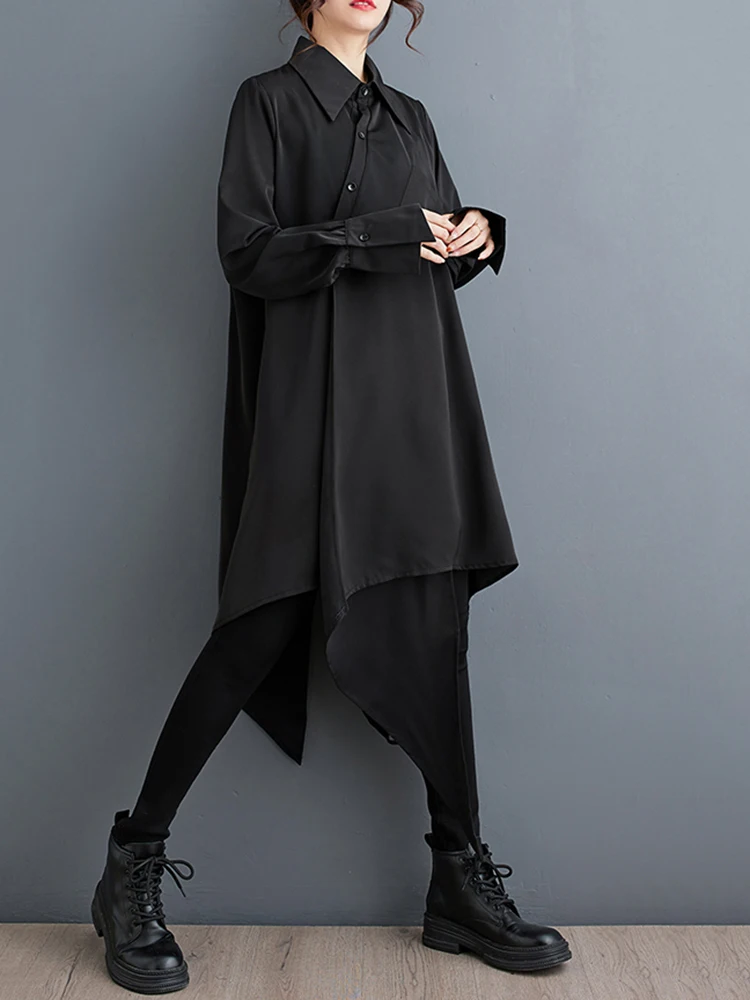 XITAO Asymmetrical Black Shirt Dress Personality Fashion Loose Long Sleeve Women Street Trendy Dress 2024 Spring New ZY8651