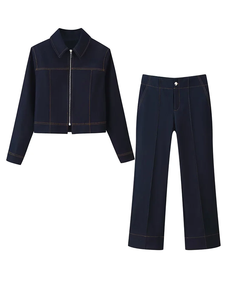 

HH Women Casual Dark Solid Zipper Turn-down Collar Long Sleeve Jacket+Autumn Pockets Button Bell-bottoms Pants Two-piece Set