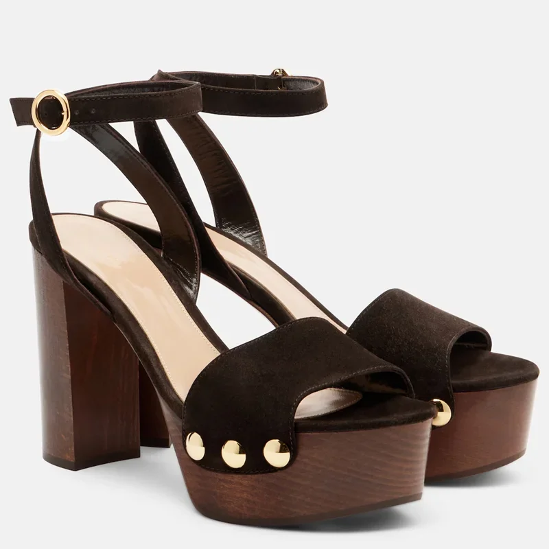 Gold Metal Rivet Plaftorm Suede Sandals Sexy Round Toe Squar Heel Shingback Customized New Arrivals Fashion Women Modern Shoes image 5