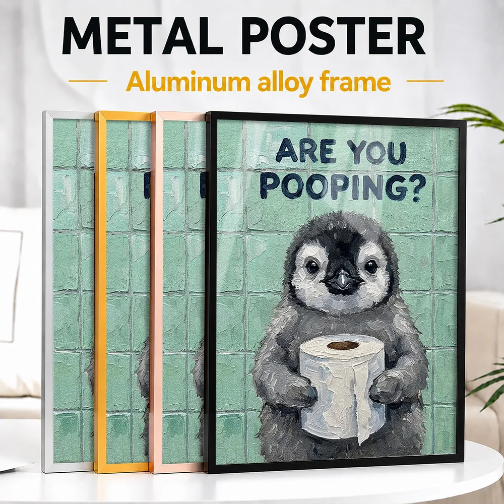 Penguin Holding Tissue Framed Metal Poster Personalized Photo Bold Humor Style Wall Art For Guest Bathroom Ideal Birthday Gift
