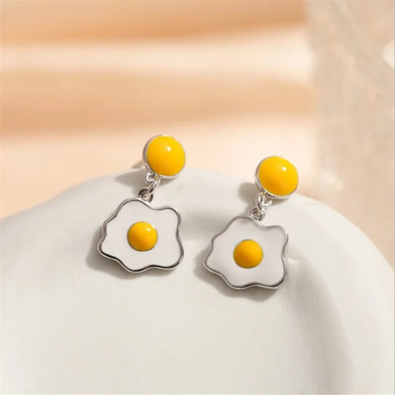 New Fashion Creative Poached Egg 925 Sterling Silver Jewelry Temperament Cute Sweet Cartoon Earrings  E185