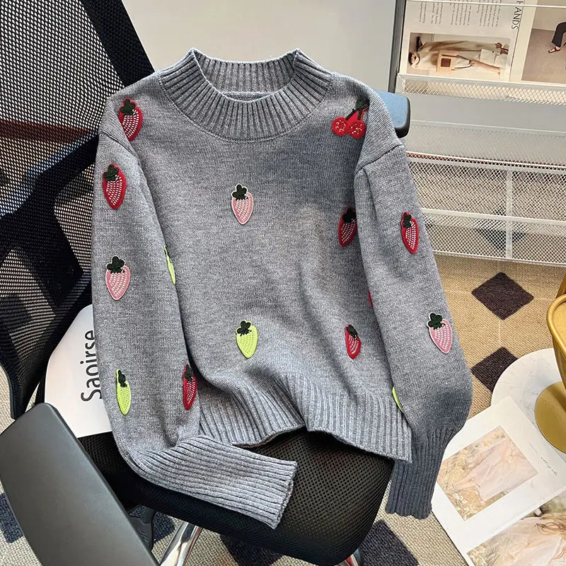 

Women Clothing Embroidered O-neck Sweater Women Autumn Winter Fleece Warm Slim Top Tee New All-match Printing Long Sleeve Tops