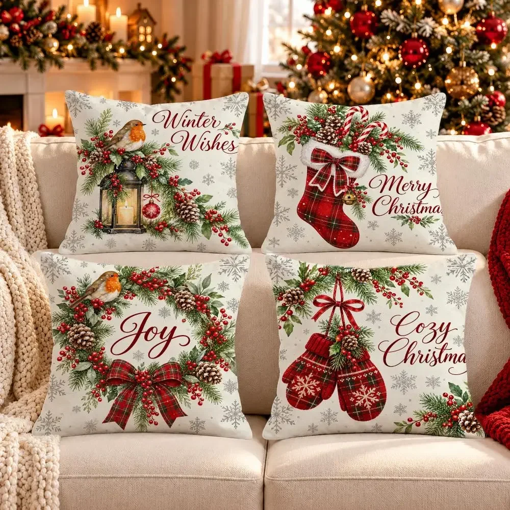 Winter Robin Foliage Cushion Cover 1/4PCS Short Plush Pillow Cover Set Soft Decorative Cushion Case for Sofa Bed Home Decor