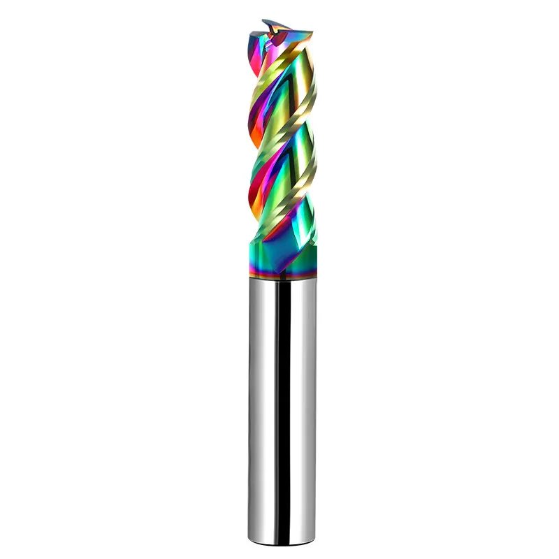 3 Flute Carbide End Mill for Aluminum, Rainbow Coating 55/60 Degree Helix, High Gloss Milling Cutter for Aluminium Alloy
