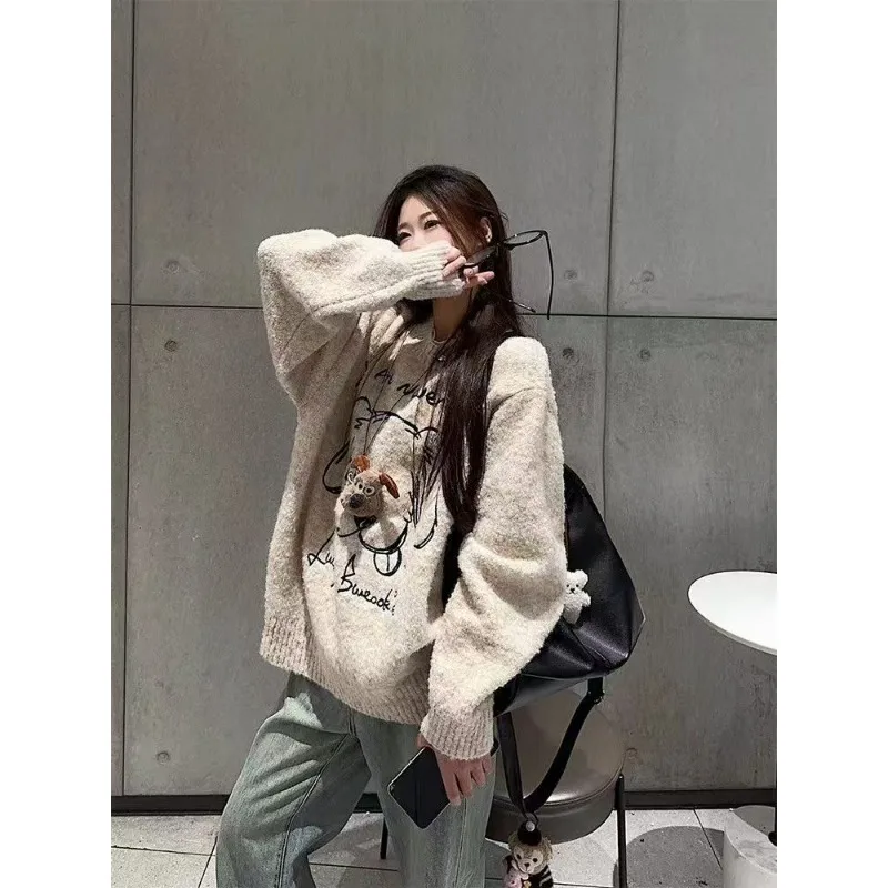 Suéter holgado Retro con cuello redondo para mujer, suéter tridimensional para cachorros, Top reductor de edad informal para otoño e invierno