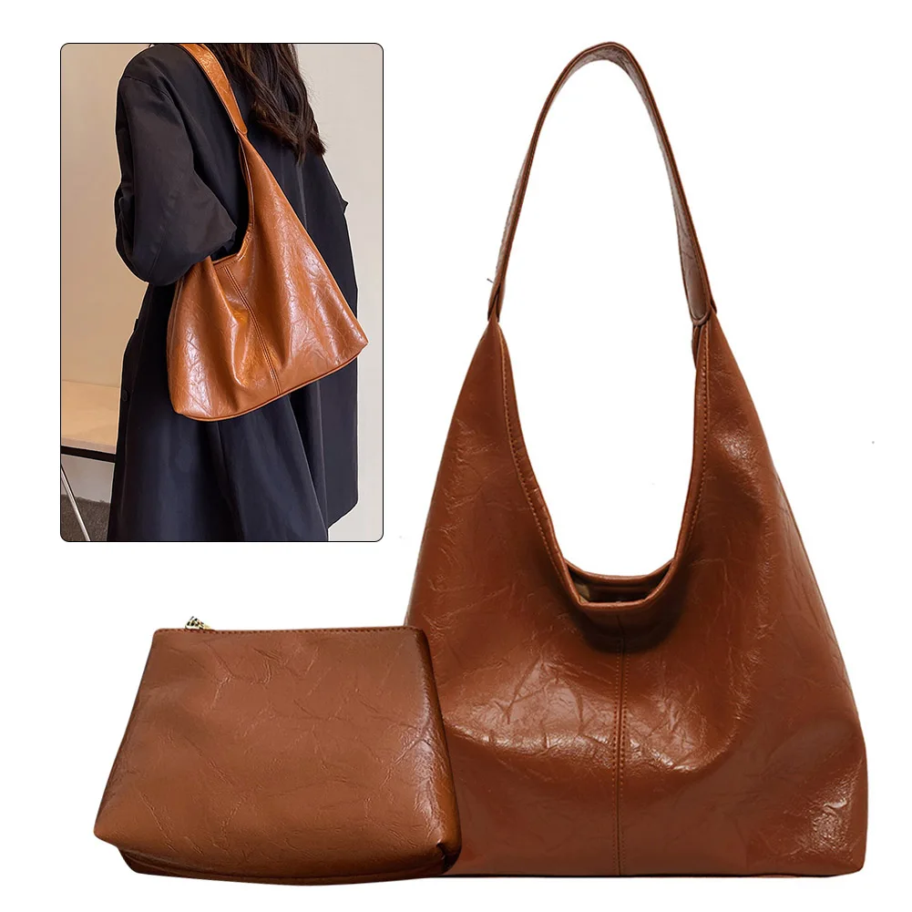 Women Leather Shoulder Bag Fashion Hobo Bag and Clutch Casual 2pcs Shoulder Bag and Handbag Set Satchel Hobo Bag Commuting Bag