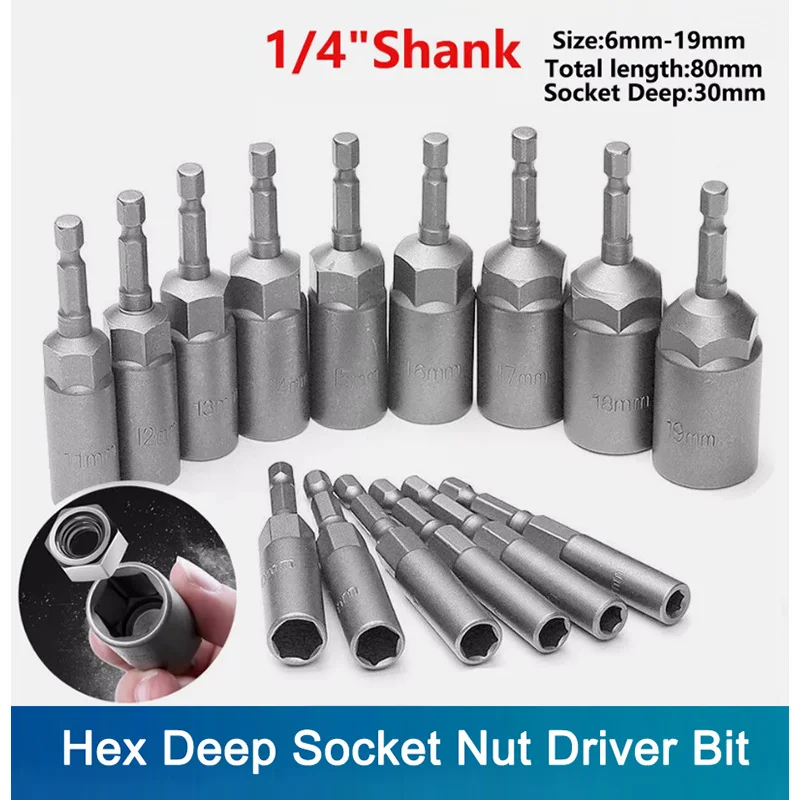 

1PCS 30mm Hex Deep Socket Nut Driver Bit Impact Driver Drill Chromium-vanadium Steel 6mm-19mm 1/4" Hex Shank Total Length 65/80m