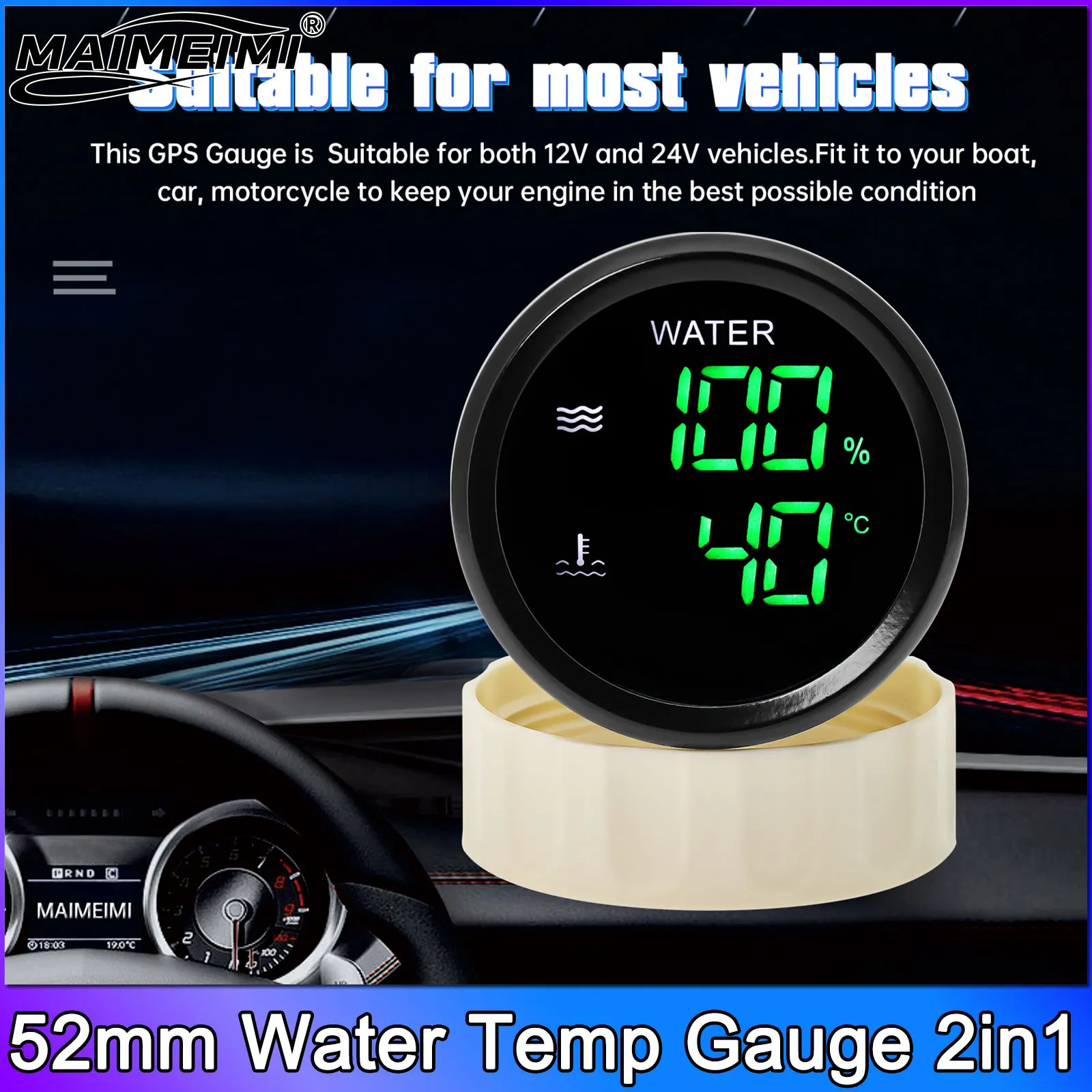 52mm 2in1 Multifunctional Meter Water Level Gauge + Water Temp Meters Water Holding Tank Level Universal for SUV RV Car Vessels