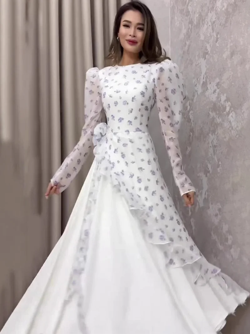 

Ele Long Sve Floral Print Dr 2025 New Sle Polyester Fabric Bubble Sve A-Line Skirt Midi Dr for Ladies