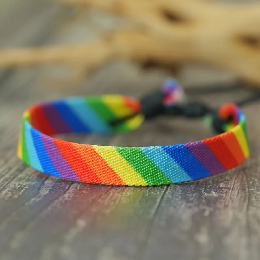 

Unique Rainbow Color LGBT Fabric Bracelet Men Women Handmade Weaven Adjustable Knot Ethnic Braslet Leisure Couple Daily Jewelry