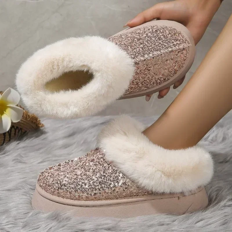 

Winter Boots Women 2024 Fashion Sequined Cloth Warm Snow Boots Woman Non-Slip Thicken Plush Ankle Booties Plus Size 44 Faux Fur