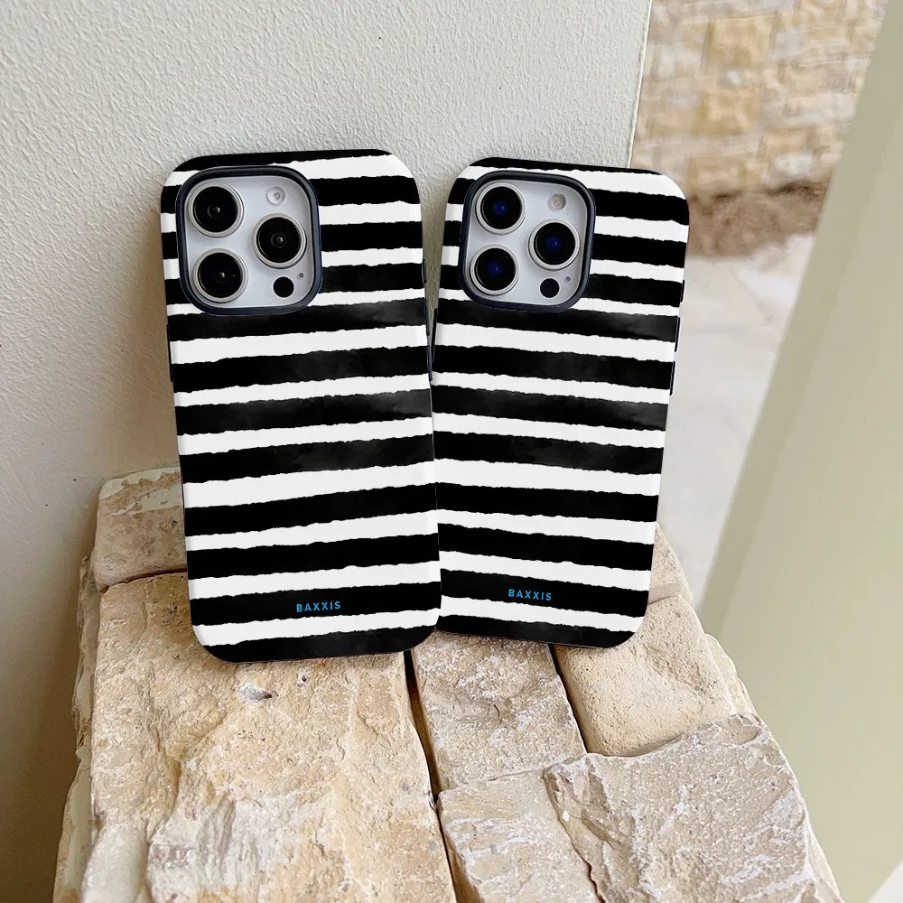 Black White Thick Stripe Phone Case for Samsung Galaxy S22 S23 S24 S25 S26 FE Plus Ultra Edge 4G 5G Luxury Double-layer