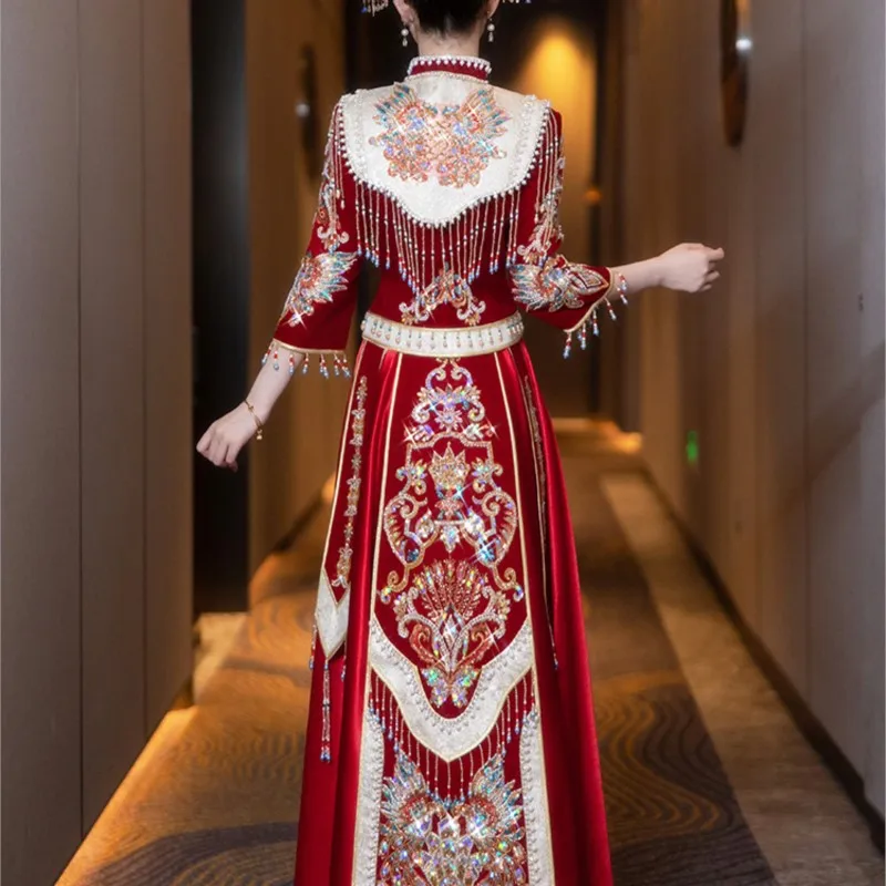 فستان زفاف على الطراز الصيني الجديد للزوجين من المخمل الثقيل #5