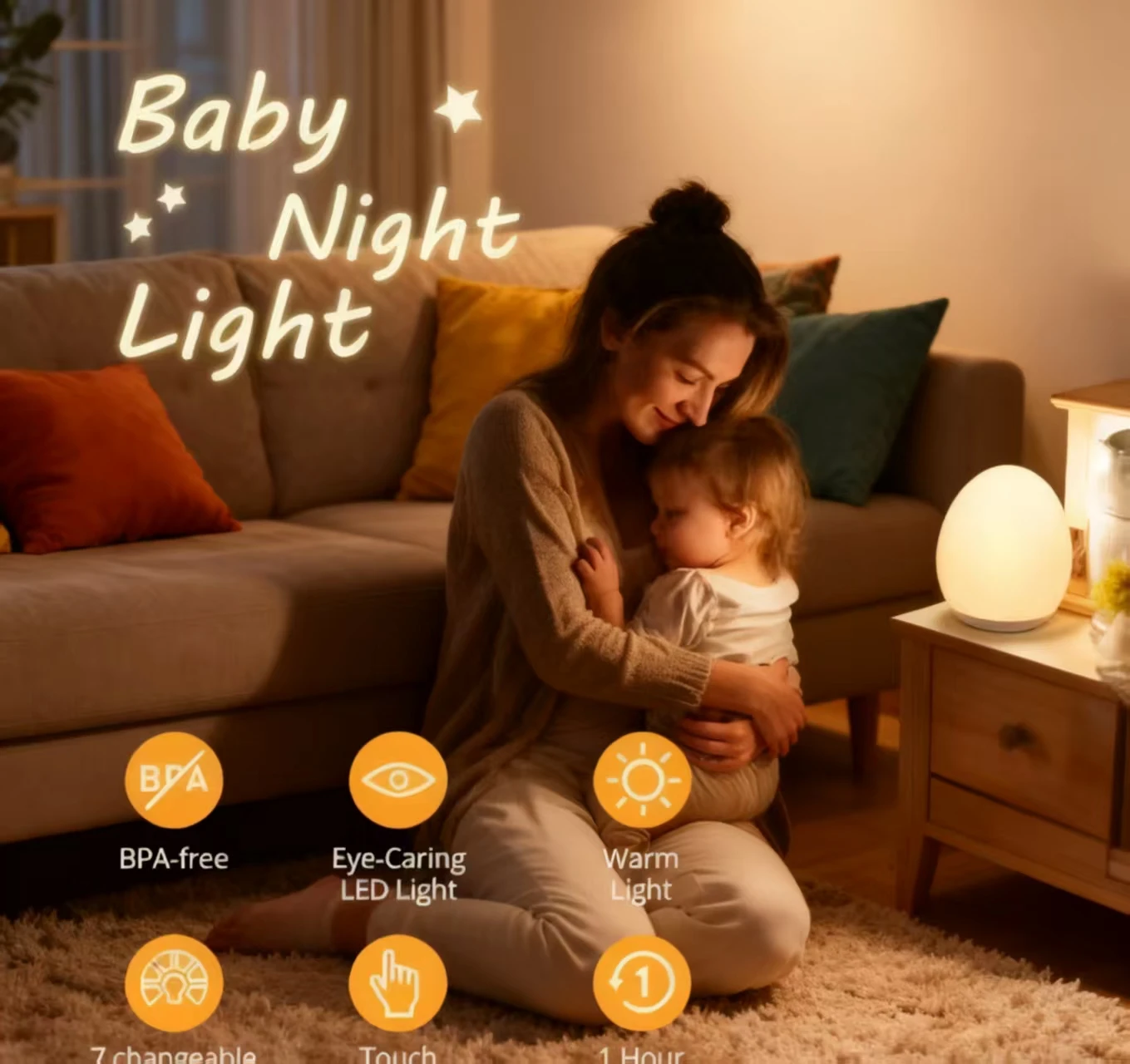 “Egg-Shaped Silicone Night Light, Touch-Dimmable 7-Color RGB Lamp with Memory Function, BPA-Free Nursery Light for Baby’s
