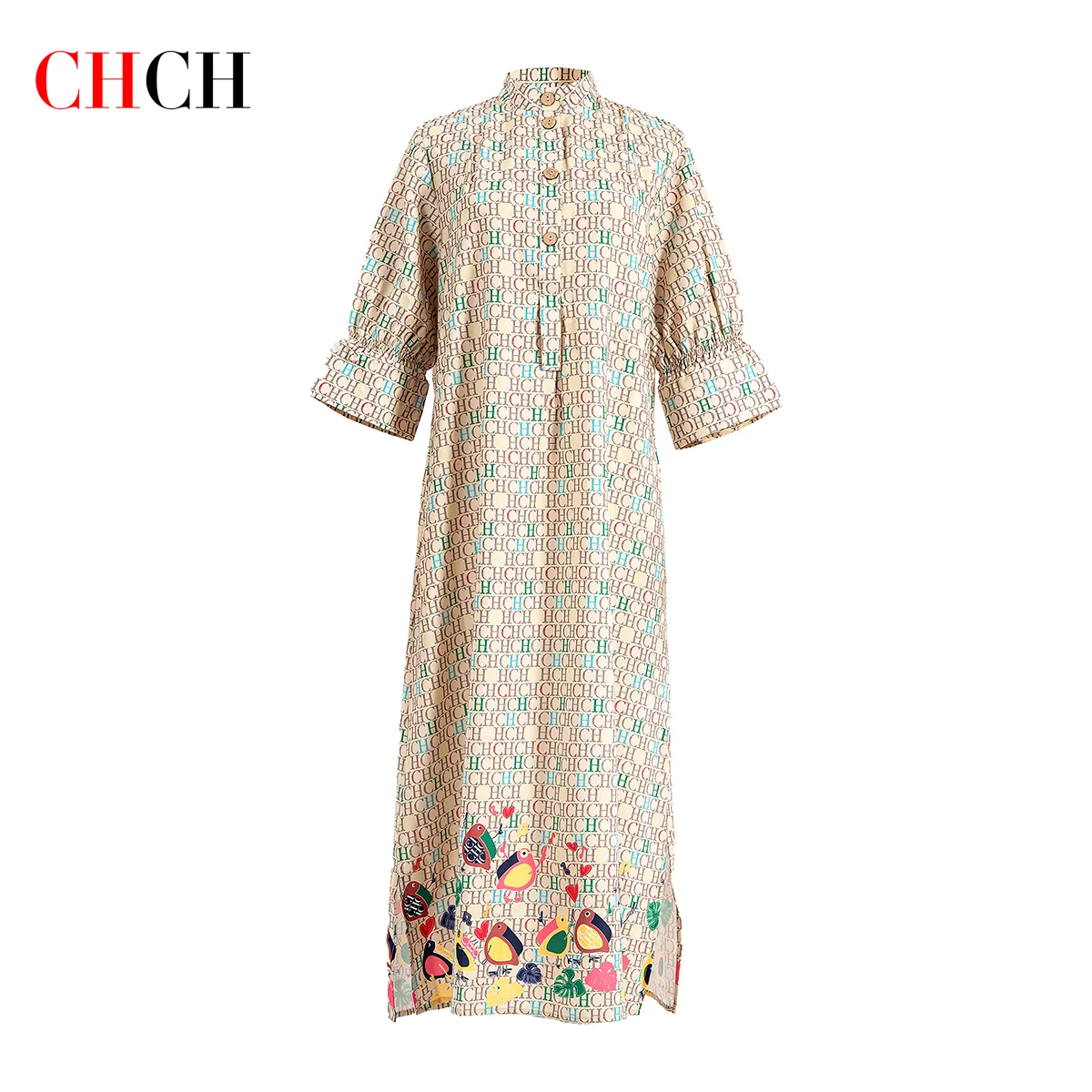 CHCH Women\'s Dress 2024 New Khaki Long Dress Casual Loose Printed Women\'s Wear