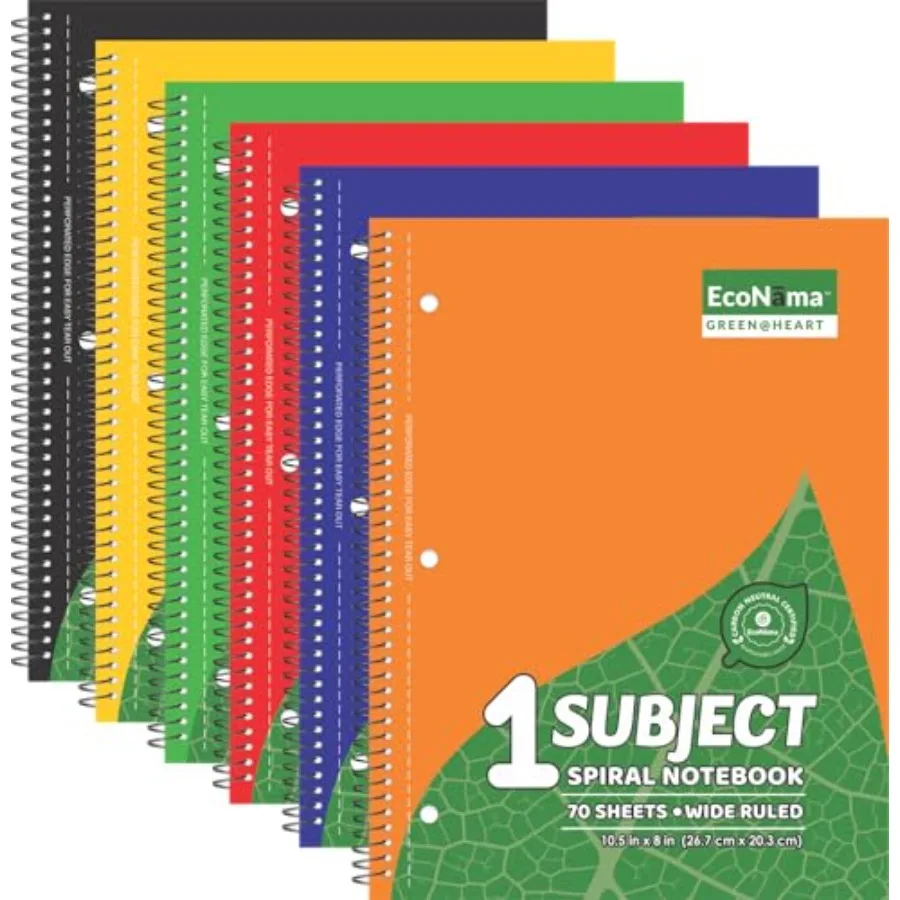 

Subject Book Spiral Notebook Pack of 6 Wide Ruled 140 Pages 70 Sheets 8" × 10.5" Perforated Carbon Neutral 3-Hole Punched Eco-F