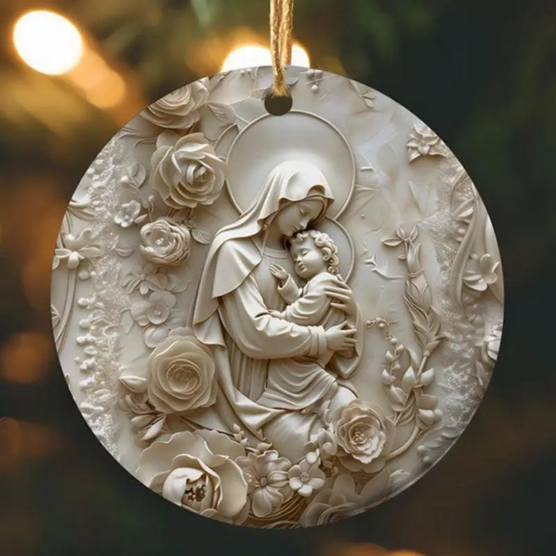 Dekorasi Natal Katolik cetak 3D bulat liontin adegan kelahiran akrilik hiasan Natal 4in ornamen natal