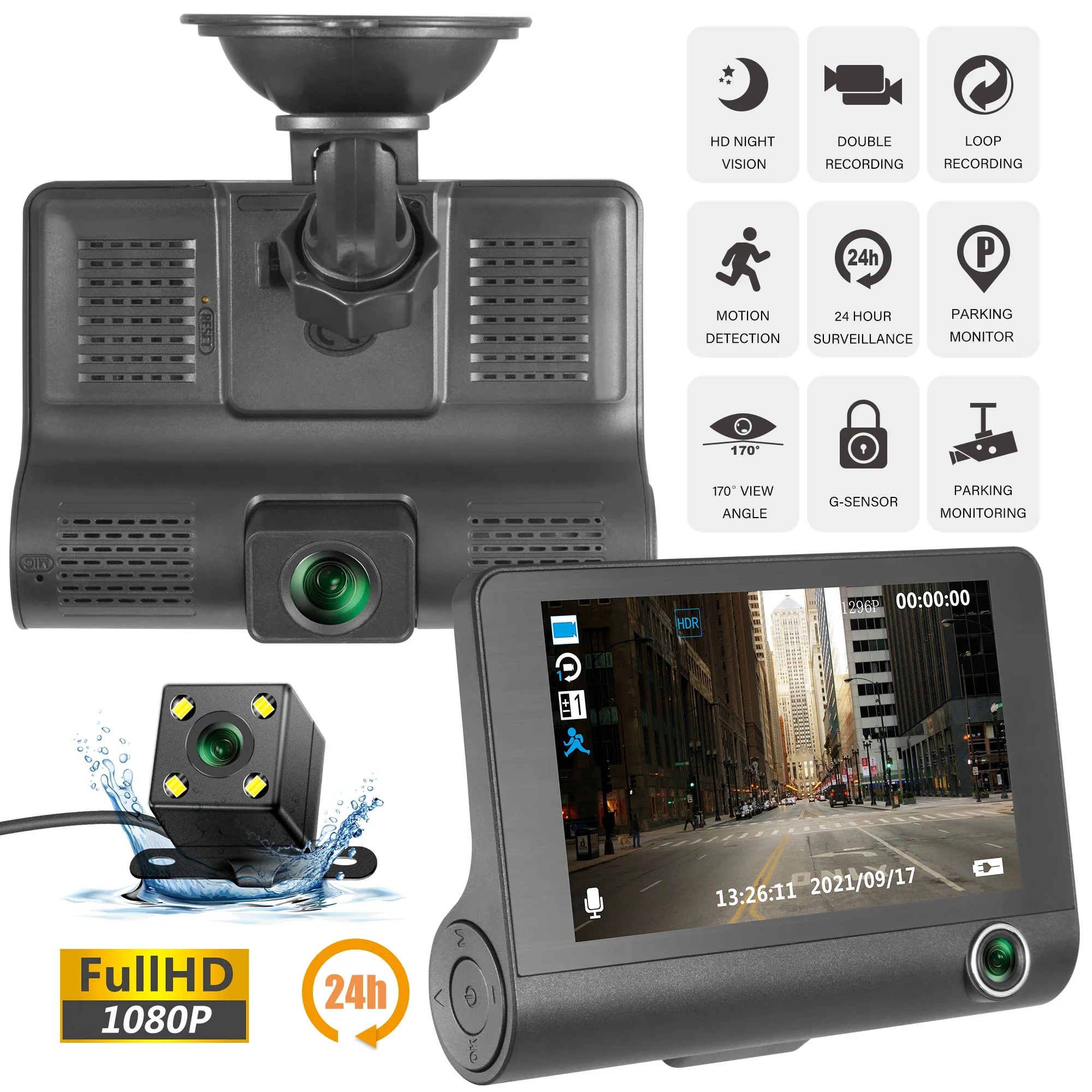 Full HD 1080P Car DVR 3 Cameras Dual Lens Car DVR Camera 4.0 Inch LCD Screen with 170 Degree Rear View