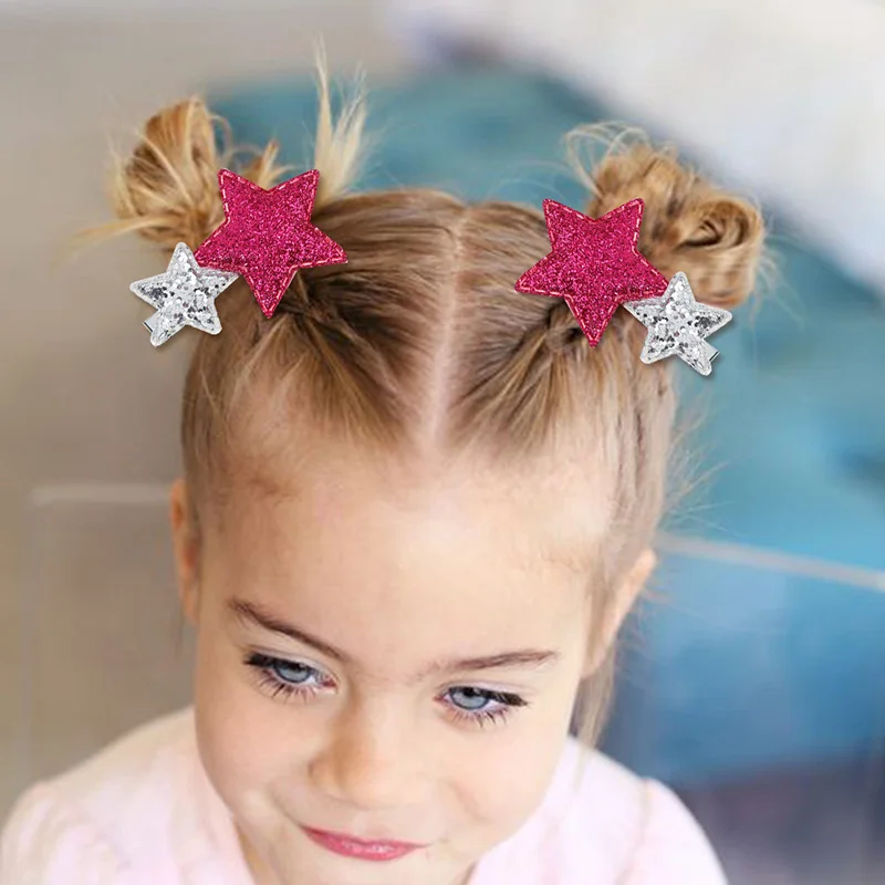 Oaoleer-Pinzas para el pelo con estrellas plateadas para niña, pasadores con purpurina rosa, accesorios para el cabello, regalo, 2 unidades por lote