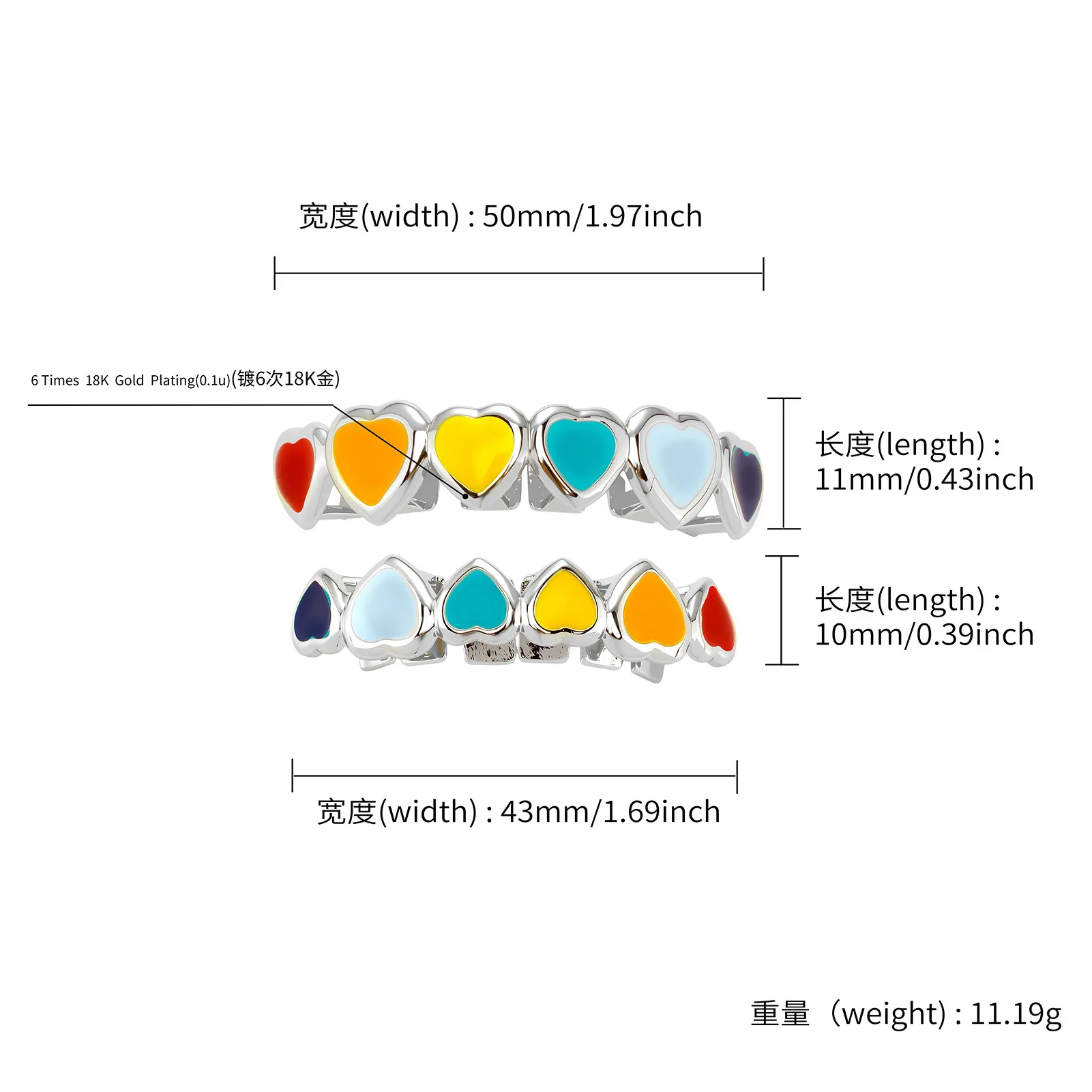 YOUNGX أعلى أسفل 6/6 متعدد الألوان القلب الأسنان Grillz خمر الملونة لامعة الأسنان قبعات للنساء الرجال المجوهرات شوايات الأسنان #3