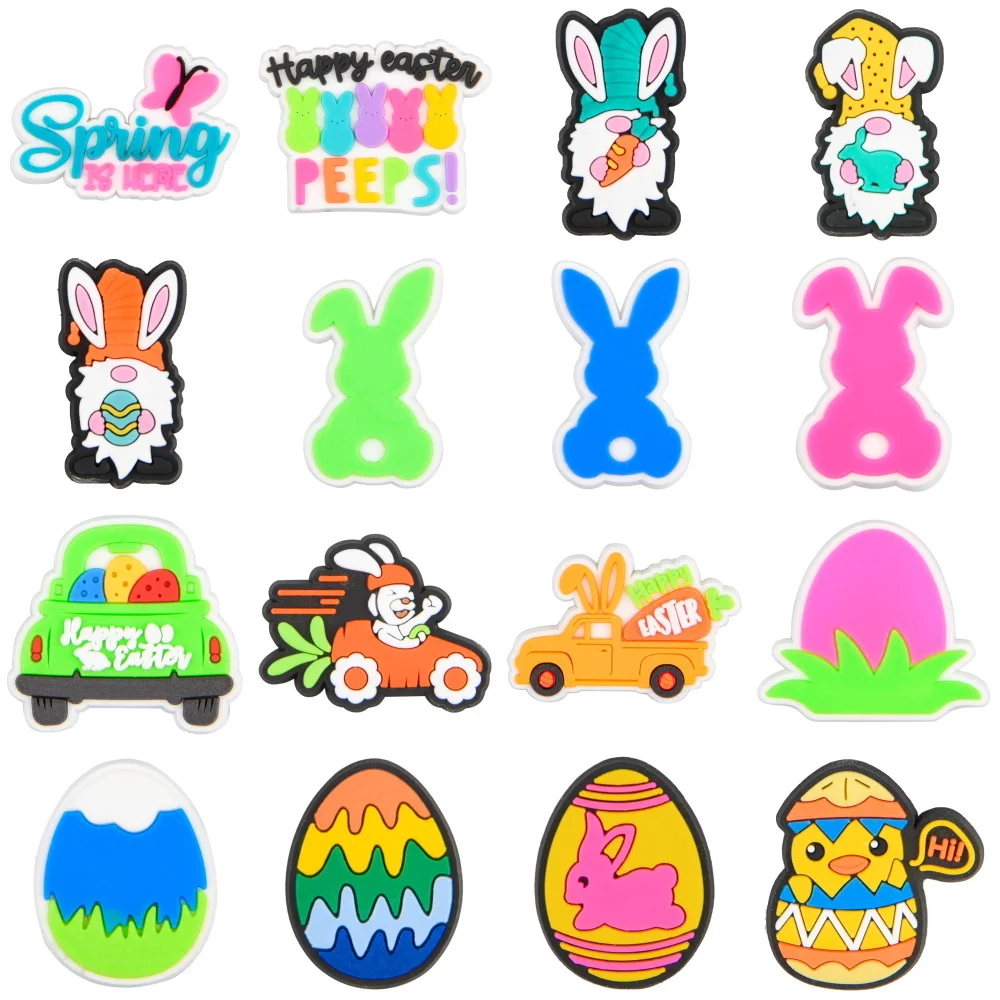 

16pcs Easter English Phrase Shoe Decoration Green Car Yellow Duck Shoe Charms Colorful Rabbit Egg Clog Charm Kids Girl Boy Gifts