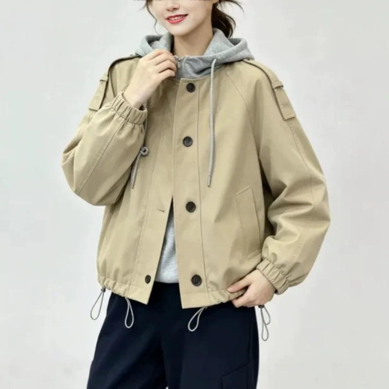 2026 New Korean Style Fake Two-piece Color Block Button Hoodie for Women Autumn Winter Fashion Casual Zipper Baseball Jacket