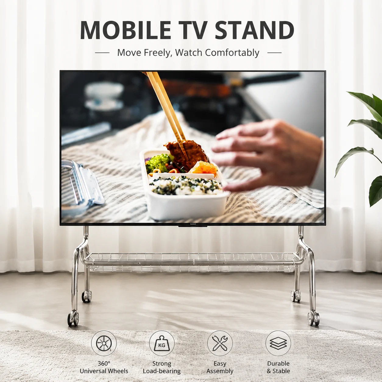 Nordic-Style Mobile TV Stand for 32–75 Inch TVs – Stainless Steel Floor Cabinet with Casters, Modern Living Room Design