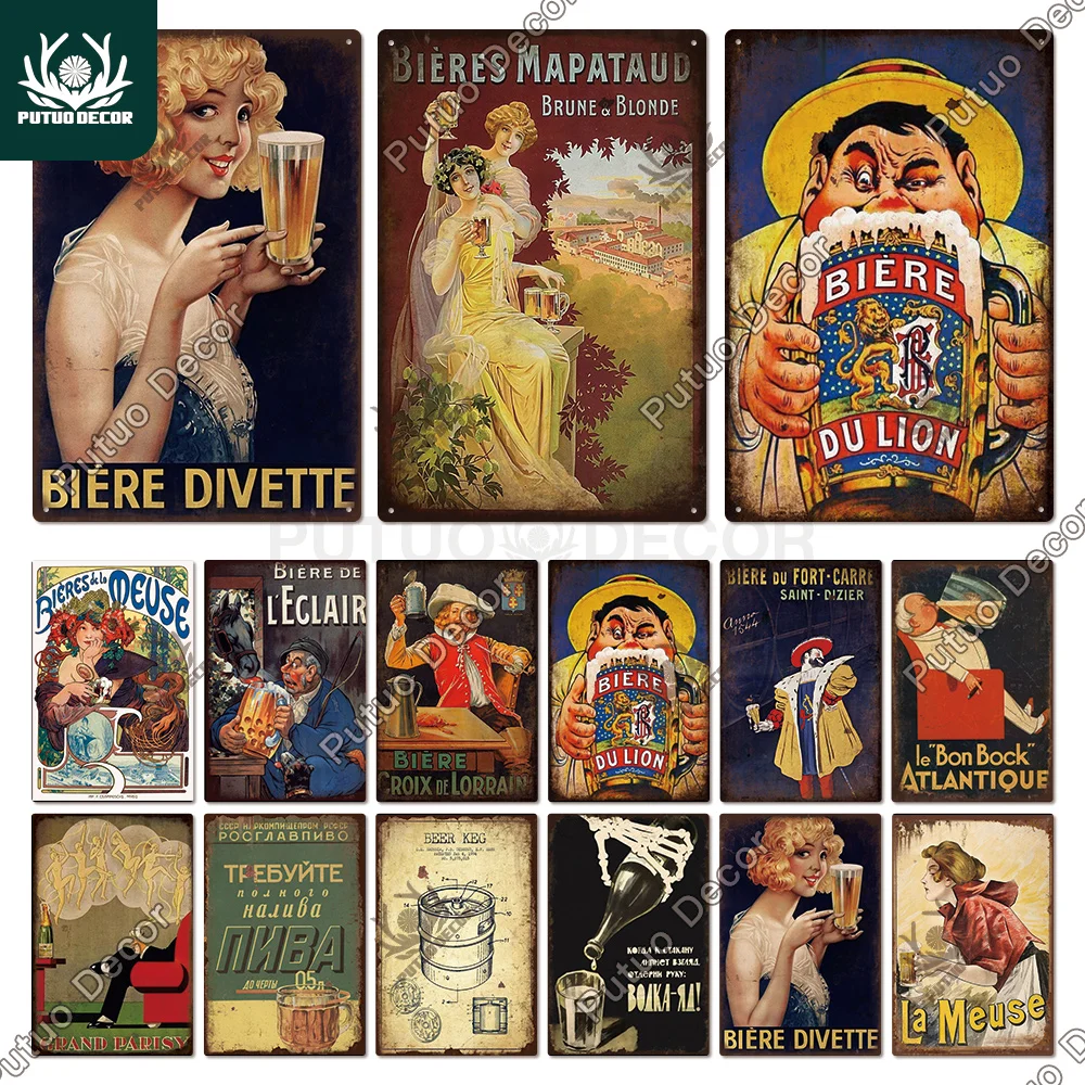 Putuo Decor francuskie piwo Vintage plakaty znaki blaszane Retro tablica metalowe płytki dekoracje ścienne do baru Home Pub Club Room prezent