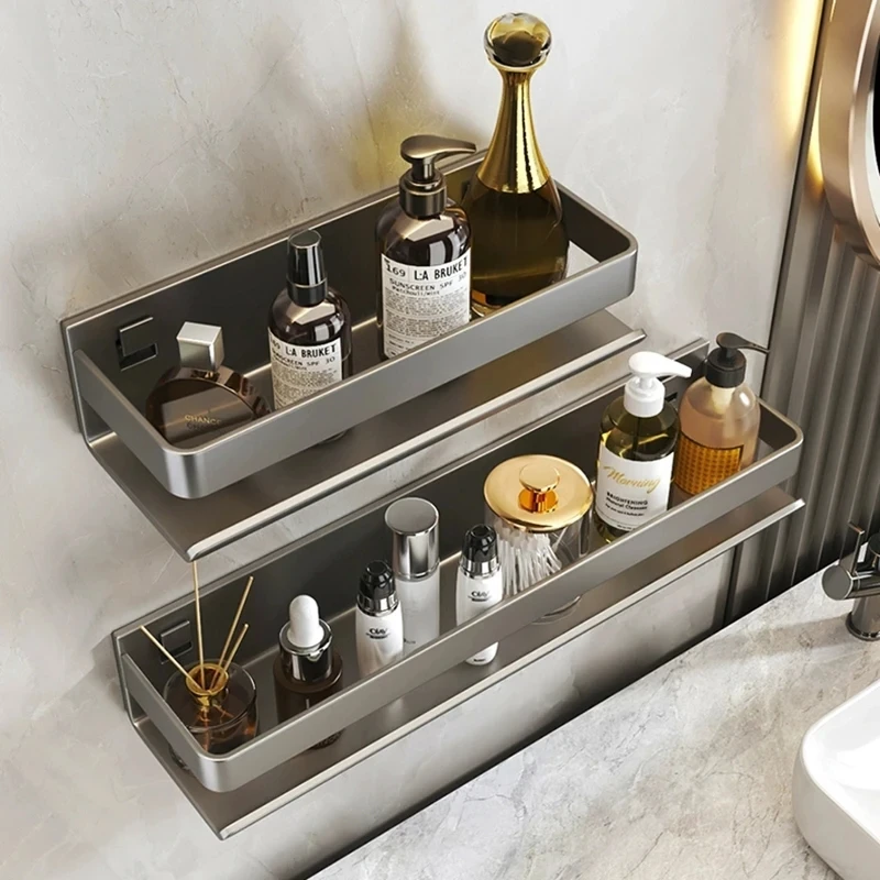 Non-porous gun ash bathroom storage rack bathroom household stainless steel multi-functional wall-mounted bottle storage rack