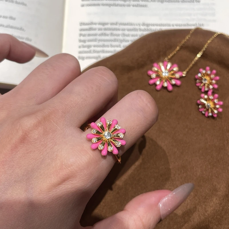 Cameo new daisy necklace ring earrings s925 silver enamel zircon pink flower jewelry set
