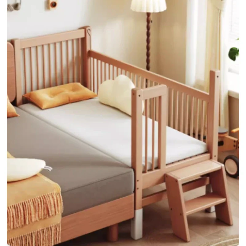

Beech Wood Baby Crib Convertible Toddler Side Bed Extended Splicing Kids Bed Large Durable Bedroom Furniture for Long Term Use