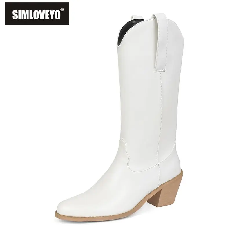 

SIMLOVEYO 2025 г., женские ботинки без шнуровки премиум-класса до середины икры с круглым носком и блочным каблуком 6,5 см, большие размеры 41 42, 43, мода в западном стиле