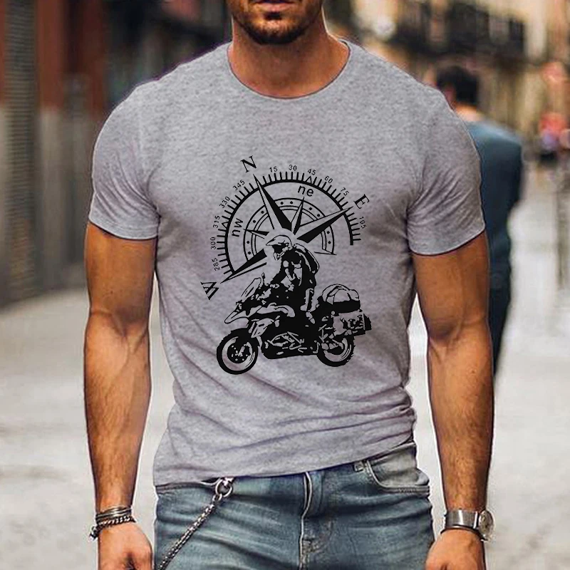 

Fashion Motorbike Men's T-shirt Mountain Advanture Tees Summer Casual Short Sleeve Motorcycle Travel Compass Printed Street Tops
