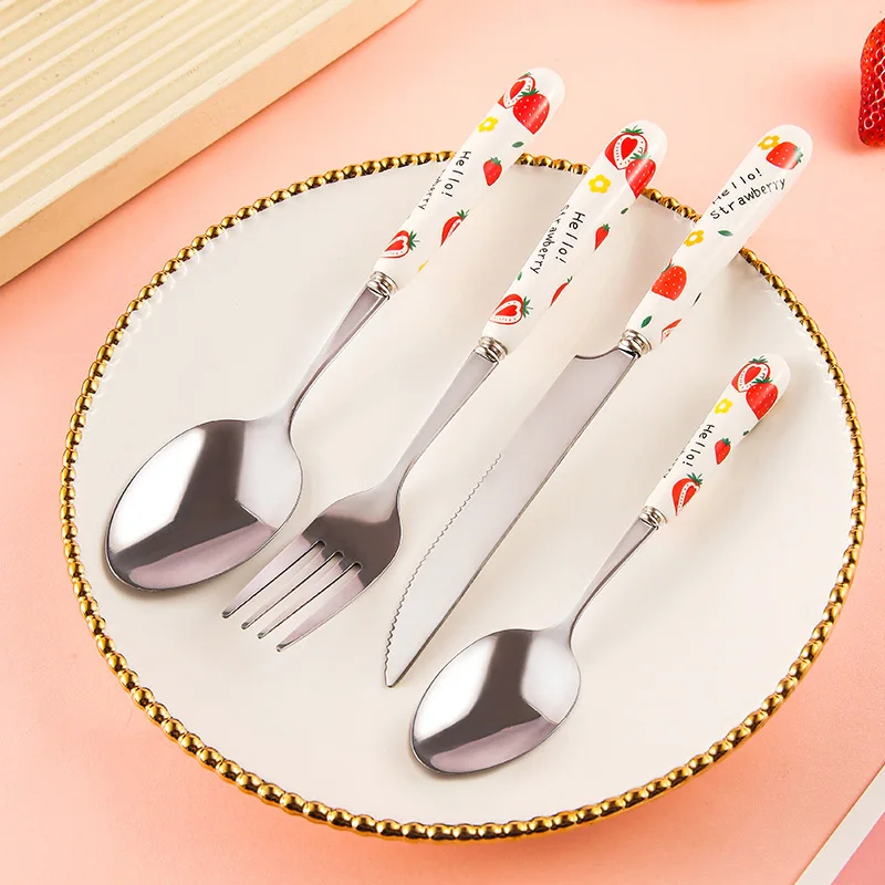 Stainless Steel Tableware Cute Cartoon Girl Heart Strawberry Ceramic Handle Main Dinner Knife Fork Spoon Kitchen Items