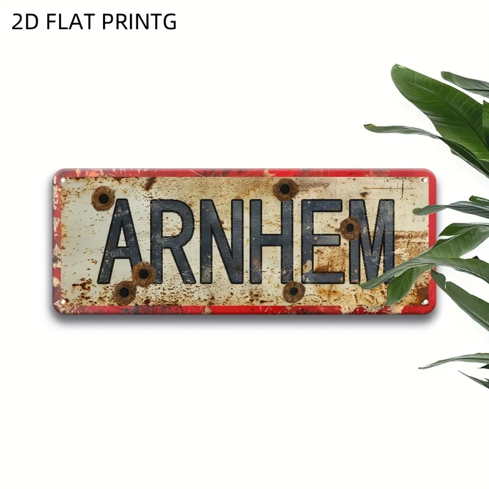 1個 15.7インチ×3.9インチ 2D フラット ヴィンテージ「アルネム」メタルウォールアート - 素朴なステンレススチール装飾、ガレージ/庭/バー用アート