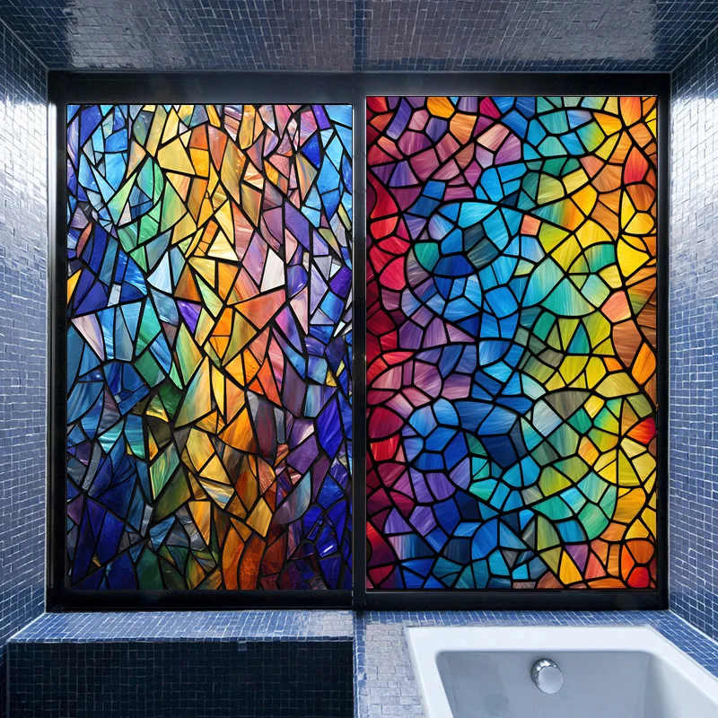 Stained Glass Colored Window Film Vintage-style Geometric Window Paper Blocks Bathroom Light Through Opaque Glass Stickers