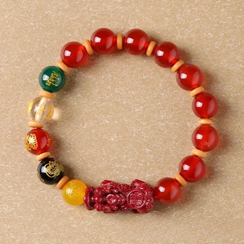 Five Gods of Wealth Natural Red Black Agate with High Content Purple Gold Sand Pi Xiu Bracelet Cinnabar for Men and Women