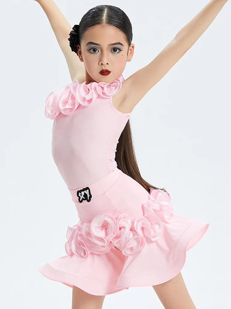 2023 Pink Latin Dance Costume Girls Summer Dance Dress Cha Cha Rumba Dance Performance Suit Kids Latin Practice Clothes DNV17813