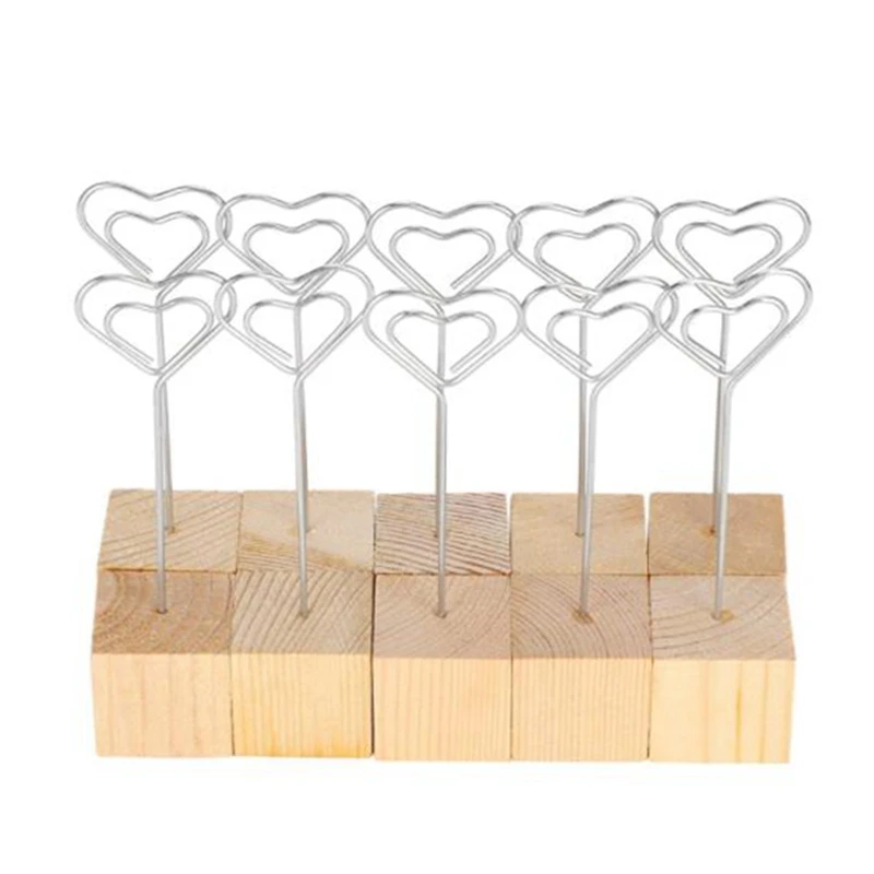 

10 PCS Photo Clip Holder Metal Heart Wood Place Card Holders Note Clip Stand For Wedding Party Table Numbers Sign