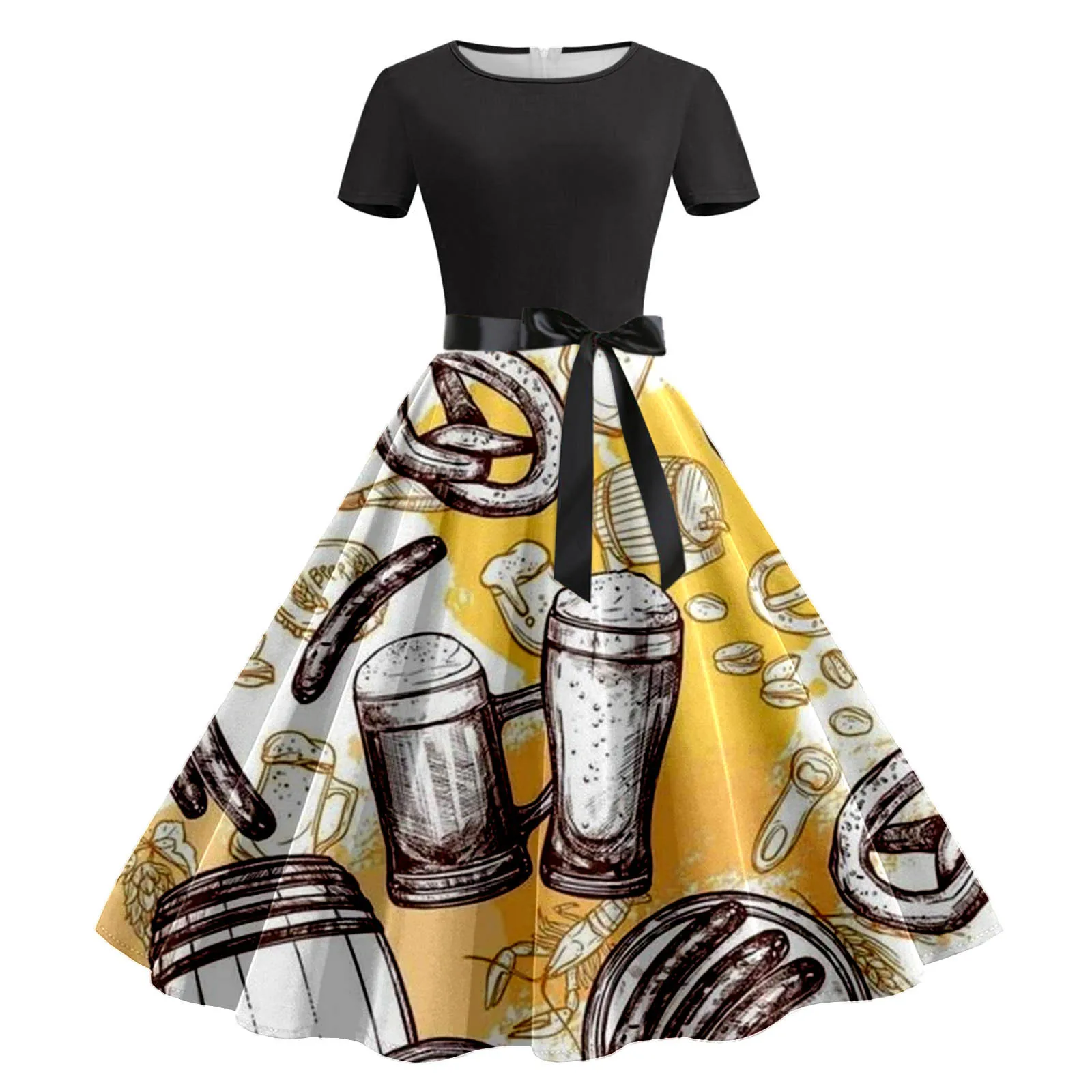 

Women's Oktoberfest Printed Dress Summer Autumn Loose Comfortable Casual Dresses Round Neck Short Sleeve Lace-Up Swing Skirt