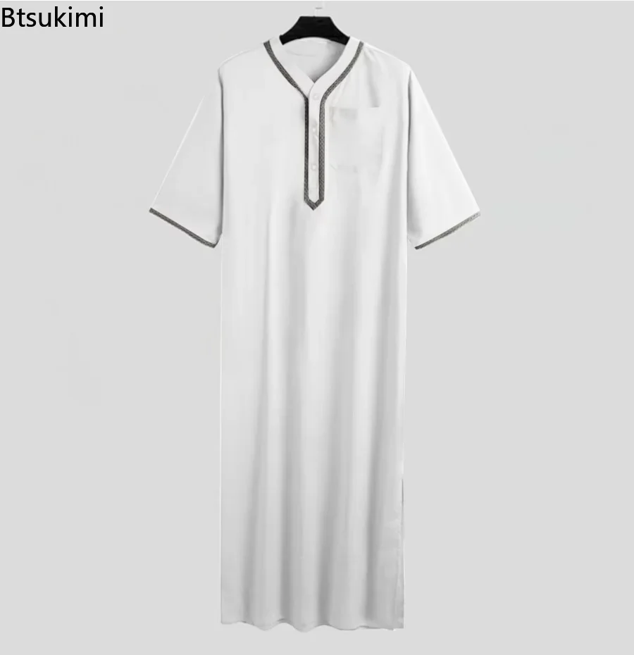 2024 Muzułmanki Jubba Thobe Solid Button Kimono Middle Robe Saudi Muslim Man Shirt Stand Collar Islamic Arabic Kaftan Men Abayas