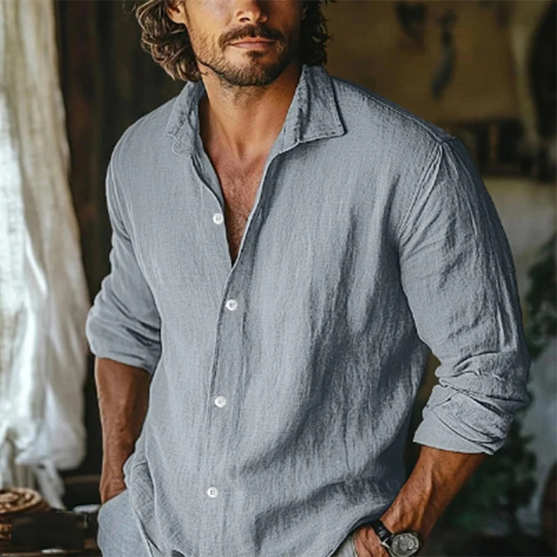 Daily Casual Long Sleeve Linen Shirts For Mens Spring Summer Leisure Breathable Loose Shirt Vintage Buttoned Lapel Men Shirt Top