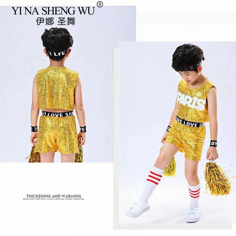 Nouveaux Costumes de danse Jazz pour enfants, ensemble haut court et jupe/short à paillettes pour garçons et filles, tenues de scène de danse de rue moderne Hip Hop
