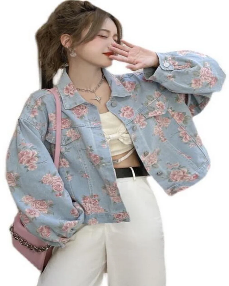 

Spring Autumn Rose Print Denim Jacket Splicing Long Sleeve Lapel Pocket Denim Tops Women's Short Cowgirl Coat