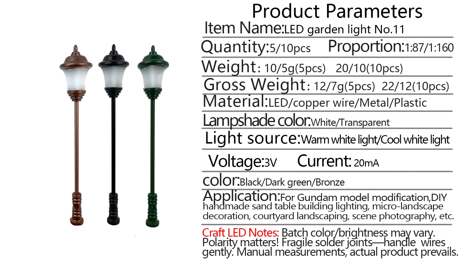 10 Stück Miniatur-3V-Lampen-Modelle, LED-Leuchten für HO 1/87 Maßstab, Eisenbahn-/Busstation-Szenenlayout-Materialien, Diorama-Kits – Detail 1